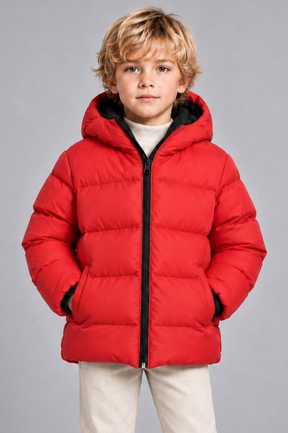 Boy's Red Fleece Inside Furry Hooded Water and Windproof Inflatable Winter Jacket Coat