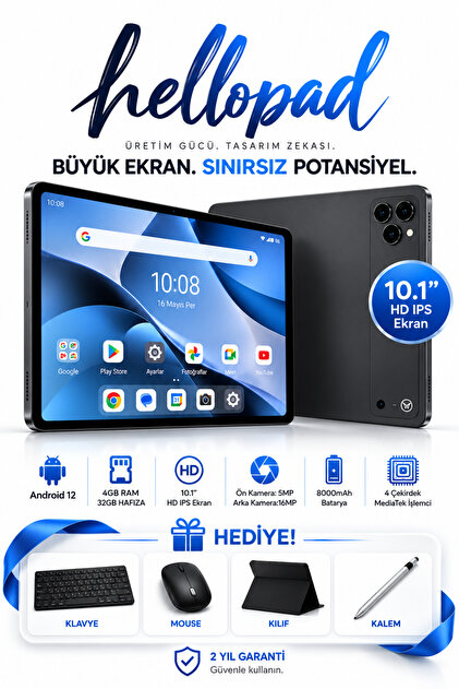 Hellopad 10.1" Andoroid Tablet 4 GB Ram 32 GB Hafıza Klavyeli Kılıf + Bluetooth Mouse + Kalem Hediyeli