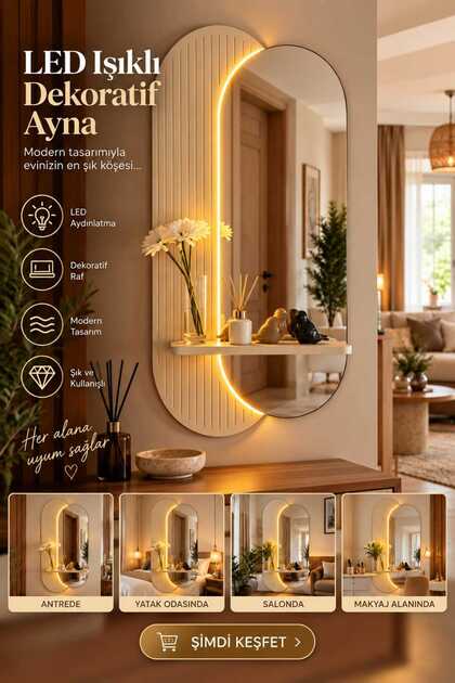 Krem Renk Işıklı Raflı Duvar Aynası Dekoratif Antre Hol Aynası 54x103 cm (Raf Uzunluk 40 cm)