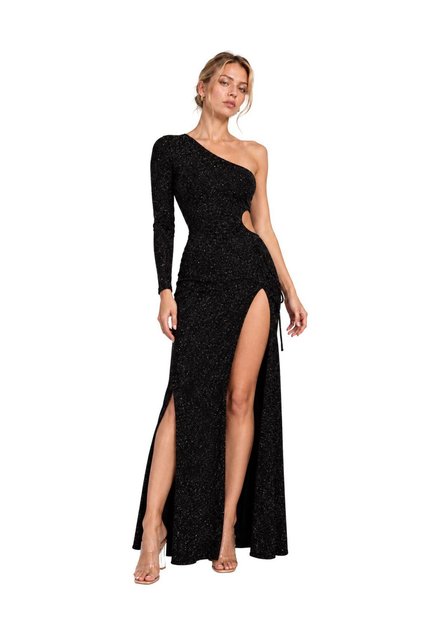VS-1099 Armida Siyah Simli Tek Omuz Cut Out Yırtmaçlı Maksi Elbise
