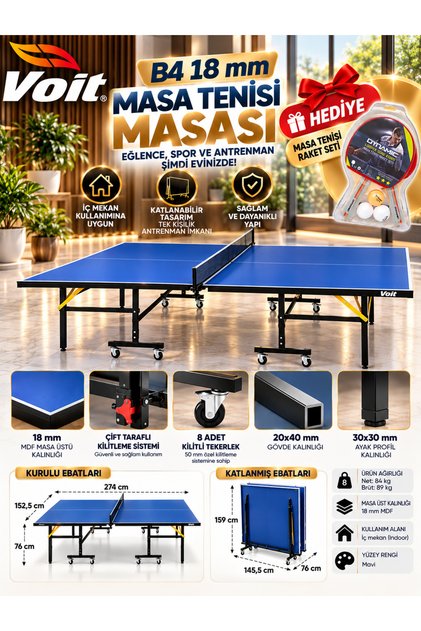 B4 Indoor 18 mm Lüx Katlanabilir Mavi Masa Tenisi Masası Ağ-Demir 2 Raket 3 Top Hediyeli