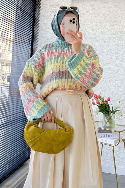 Pinterest Model Zigzag Patterned Short Knit Sweater - Green
