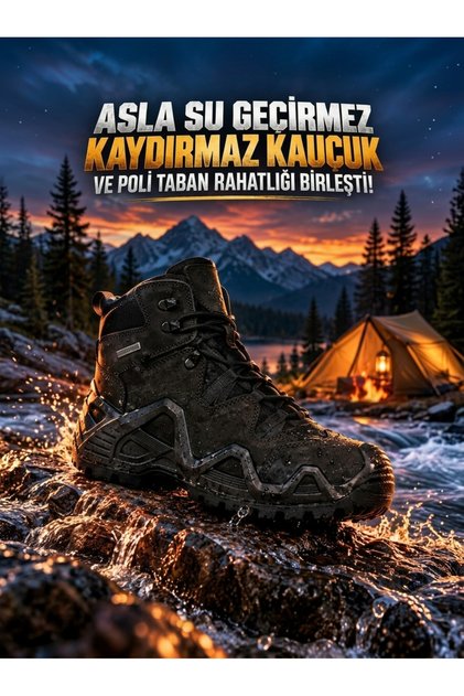 Men's Daily Black Genuine Leather Military Hunting Boots, Lace-Up, with Knurled Non-Slip Sole, Outdoor Shoes X03.