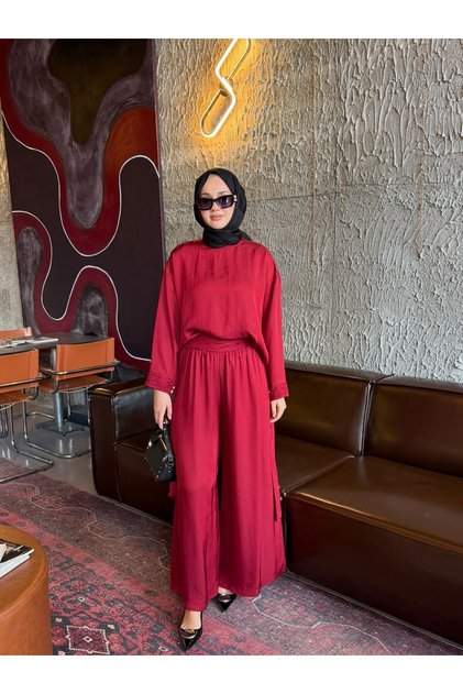 9427 Asetat Kumaş Pantolonlu Takım Bordo