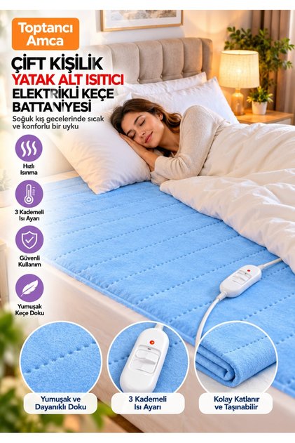 Elektrikli Battaniye Çift Kişilik 120x160 cm – Keçe Yüzey, Isı Ayarlı, Fermuarlı 2 Yıl Garantili