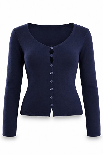 Navy Blue Ornamental Buttoned V-Neck Knitwear 6603
