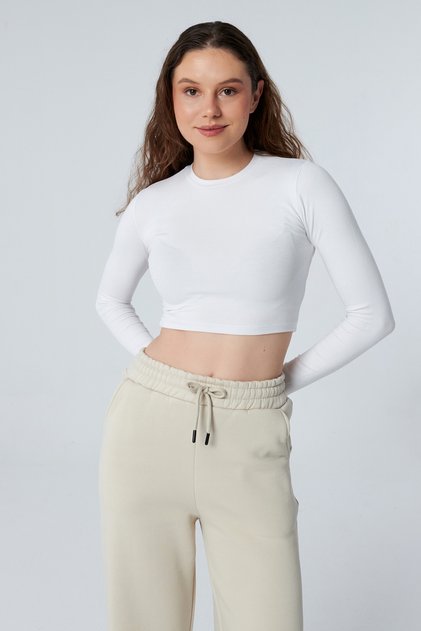Women's White Cotton Long Sleeve Crew Neck Basic Crop Blouse