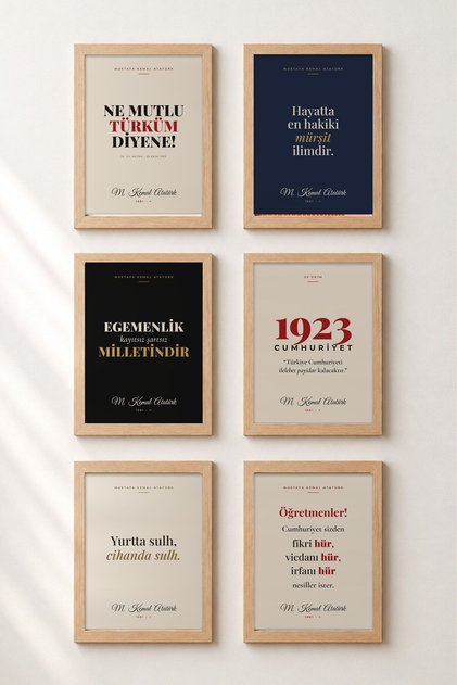 6 Piece Ataturk Quotes Framed Painting Set 29 October Office School Salon Wall Decoration Poster Sixata01