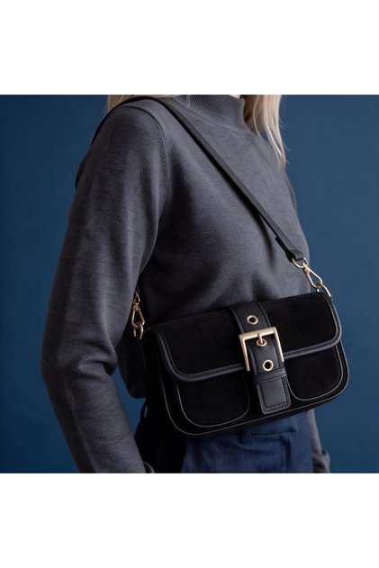 Women's Suede Baguette Shoulder Bag with Belt Buckle