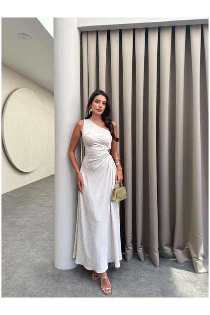 Cream Patterned One-Shoulder Satin Dress