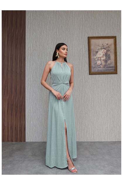 Water Green Waist Tie Slit Dress