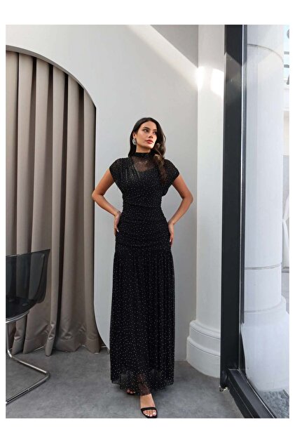 High Neck Draped Stoned Maxi Dress