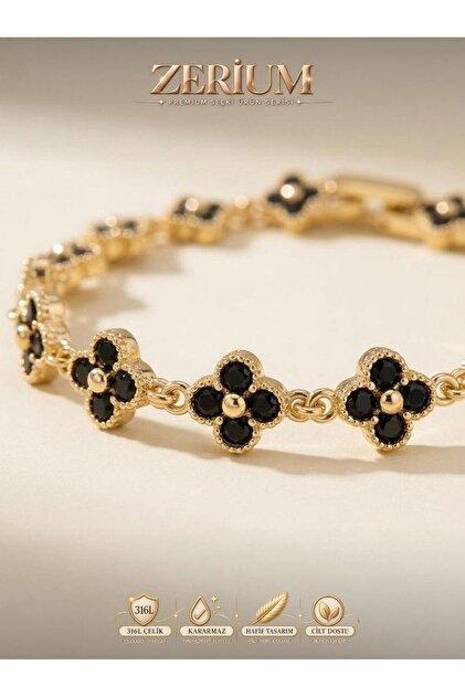 316L Steel Women's Bracelet with Clover Figure and Black Zircon Stone