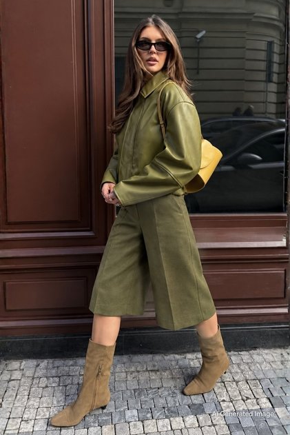 Khakifarbene, hoch taillierte, ausgestellte Bermuda-Shorts für Damen MG2590