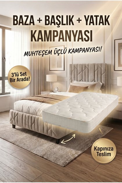 HESTİA Çift Kişilik Baza Başlık Yatak Seti 3'lü Sandıklı Metal Değiştirilebilir Kumaşlı Baza