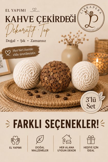 El Yapımı Kahve Çekirdekli 3'lü Dekoratif Top Seti