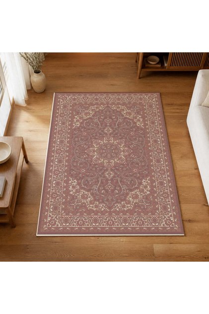 Klasik Çiçek Desenli Makine Halısı Gül Kurusu Jüt Taban Polyester Salon ve Oturma Odası Halısı Aven