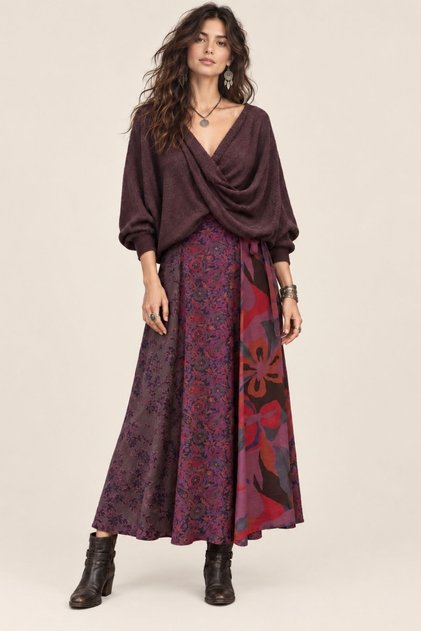 Uzun Patchwork Etek Mor