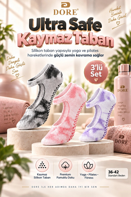 Șosete originale pentru femei, din bumbac premium, cu talpă din silicon anti-alunecare, model Tie-Dye, anti-alunecare, cu absorbție a șocurilor, cu talpă anti-alunecare, pentru fitness, sport, yoga și pilates | 3 perechi - Mărime standard 36-42