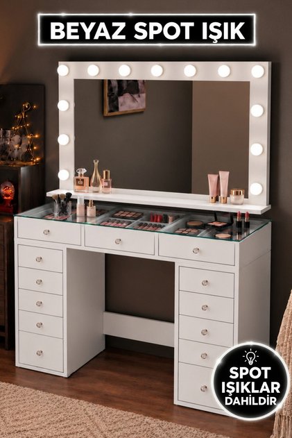 Rani BJ195 Hollywood Beyaz Işık Aynalı Cam Tablalı Makyaj Masası 13 Çekmeceli Takı Düzenleyici Beyaz