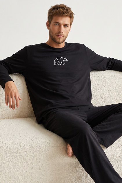 Black Embroidered Long Sleeve Plus Size Knitted Pajama Set7918