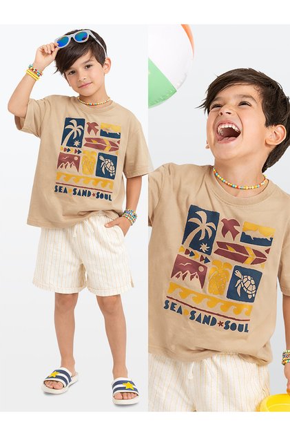 Boy's Summer Set Printed 100% Cotton T-Shirt Striped Woven Shorts Summer Set