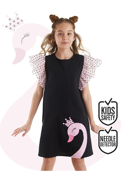 Swan Girl's Tulle Ruffled Polka Dot Girl's Black Dress
