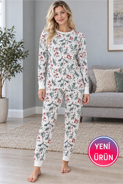 Women's White Kokina Patterned Pajama Set – Camisole Collar and Cuffs, Curved Hem