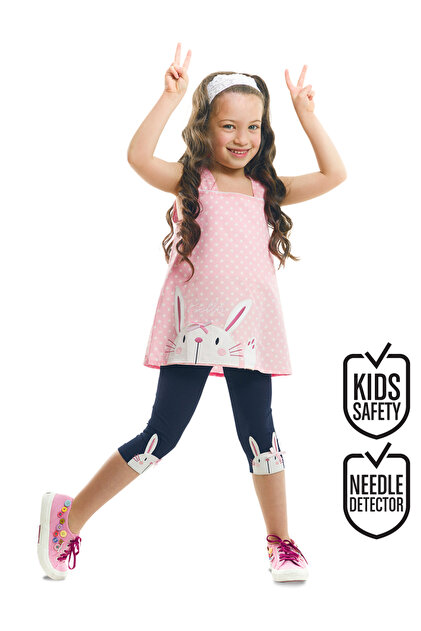 Rabbit Appliqué Girls' Pink Navy Summer T-Shirt Tunic Leggings Set
