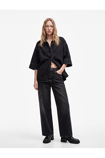 V-Neck Buttoned Oversized Denim Shirt with Folded Back Detail and 3/4 Sleeves