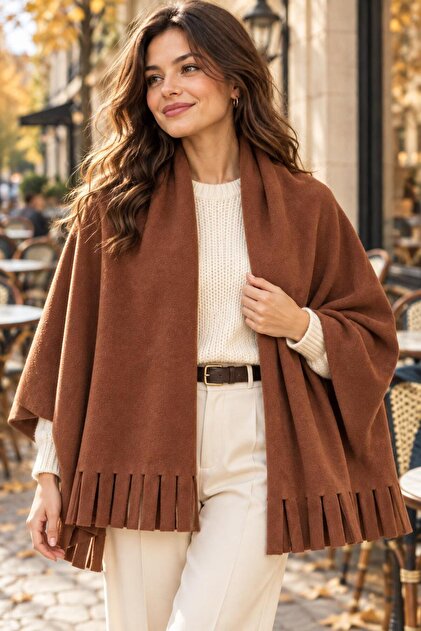 Women's Polar Fabric Brown Shawl, Scarf, Winter Warm Shoulder Shawl with Tassels, 65X170Cm
