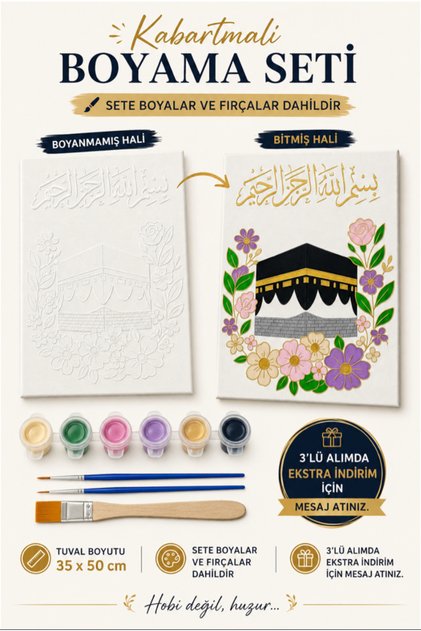 Rölyefli Çiçekli Kabeli İslami Boyama Seti Müslümanlar İçin Boyalar Fırçalar Dahil Dini Hobi Kiti