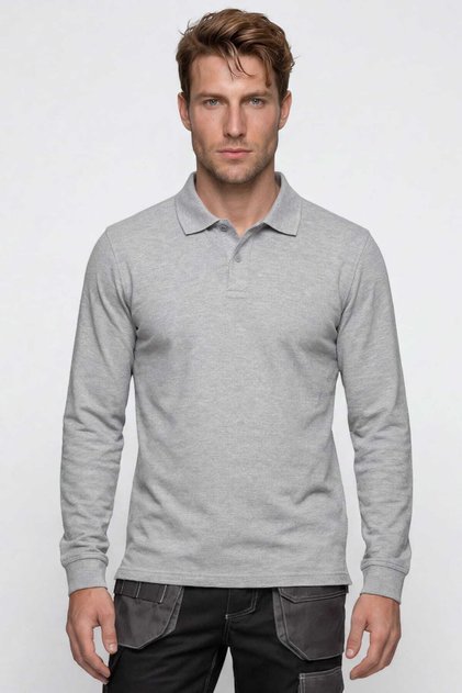 Men's Gray Melange Long Sleeve Polo Collar Business T-Shirt 100% Cotton Buttoned Collar Comfortable Fit Daily Use