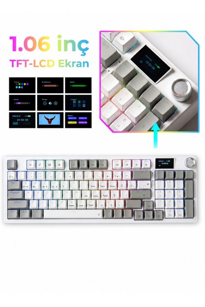 TAARUZ KC1 RGB Kablosuz Mekanik Red Switch Oyuncu Klavyesi LCD Ekranlı Bluetooth 5.0+2.4G USB+Type-C Kablolu Bağlantı | Oyuncu Setup Klavye