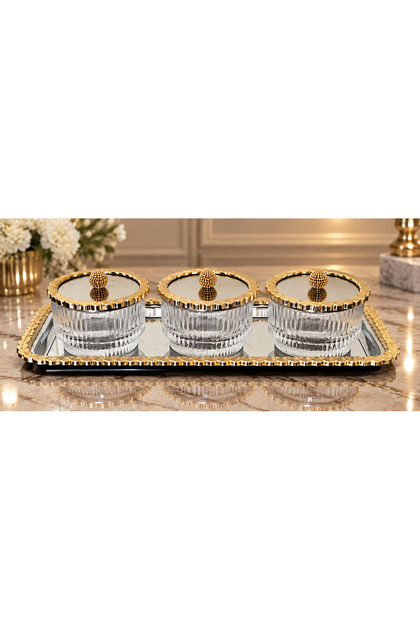 Wicker Frame Gold-Silver Bowl Set with Tray & Sugar Bowl & Serving Plate & Snack Bowl - with Striped Bowl