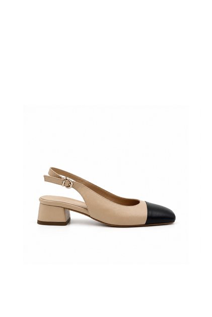 Genuine Leather Beige-Black Color Low Heeled Women's Shoes – Stylish and Comfortable