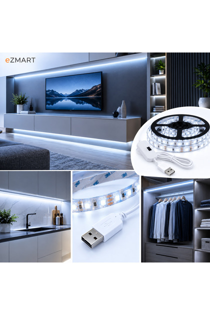 Bandă LED pentru mobilier de bucătărie, cu senzor automat și intensitate reglabilă, alimentată prin USB, lungime 5 metri, lumină alb rece 6000K.