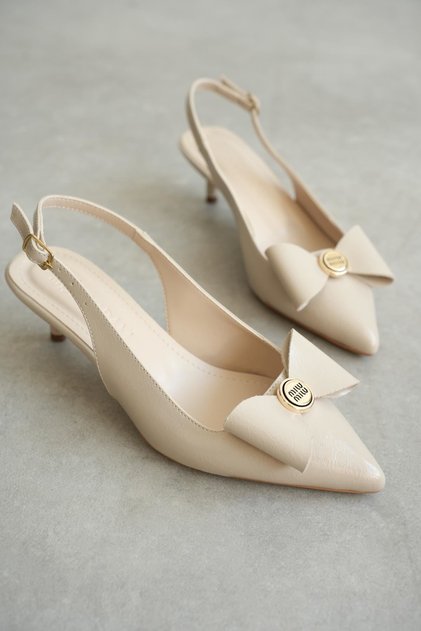 Women's Tesla Short Heeled Bow Tie Shoes - Tan Patent Leather