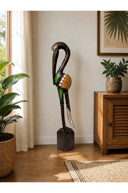 Ahşap 100 cm Renkli Flamingo Figürü El Yapımı Dekoratif Büyük Biblo Tropical Dekorasyon Bali Heykel