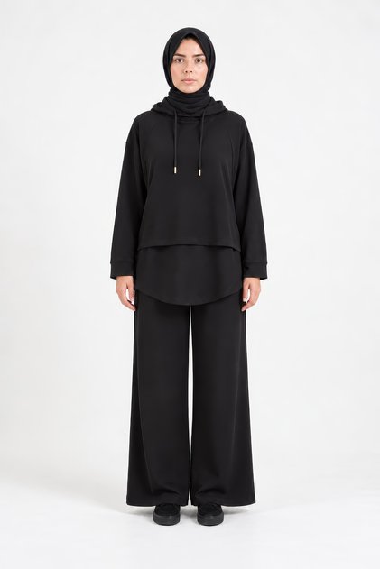 Kadın Siyah Modal İkili Alt Üst Takım Rahat Kesim Kapüşonlu Tunik ve Geniş Bol Paça Pantolon