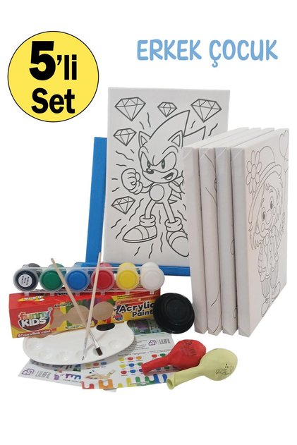 Boy Painter Set of 5 - 20x30 cm Canvas, 2 pcs.Brush, Palette, Paint and Easel