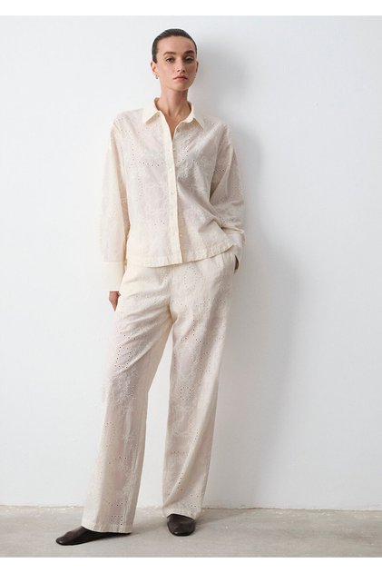 Embroidery Detailed Ecru Trousers 1011191-70060