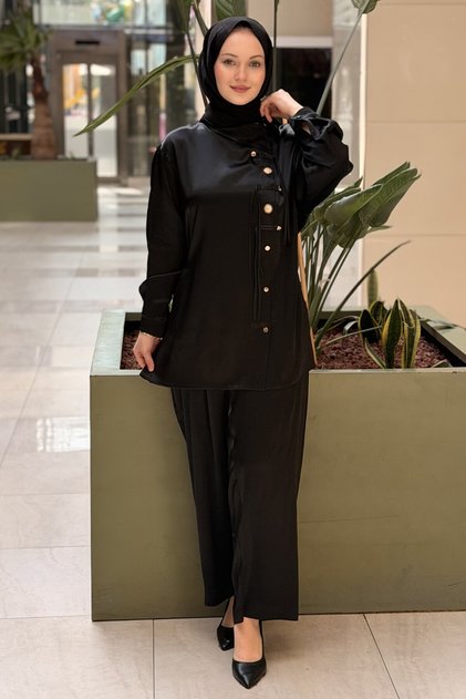 Side Button Detailed Rope Tie Shirt and Trousers Set