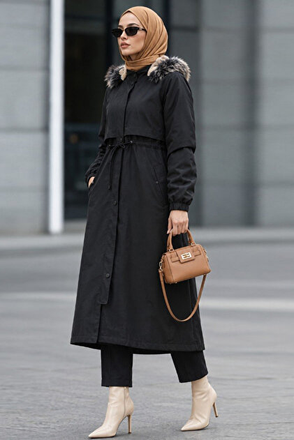 Fur Black Hijab Parka 60651S