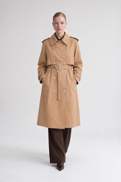 Double-Breasted Plaid Lined Trench Coat Camel