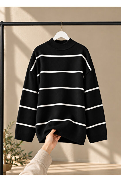 Kadın Yarım Boğaz Çizgili Triko Kazak Oversize Salaş Tasarım