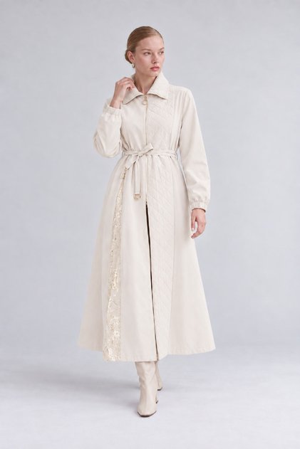 Beige Open-Front Zip Detail Trench Coat