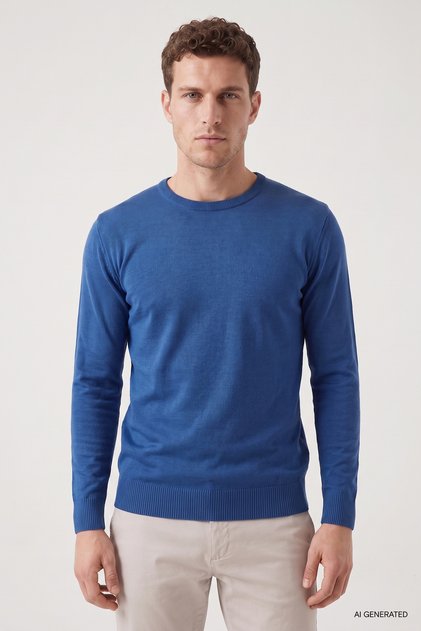 Regular Fit Blue Non-Pilling Crew Neck Knitwear Sweater