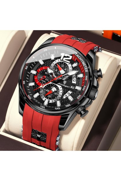 898 Black Red POEDAGAR Functional Watch For Men Date Chronograph Luminous Waterproof Silicone Classi