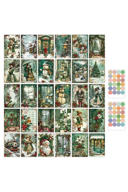 30pcs 30pcs Vintage Christmas Green Cards-Villages Design,Room Christmas Themed Events Wall Art Deco